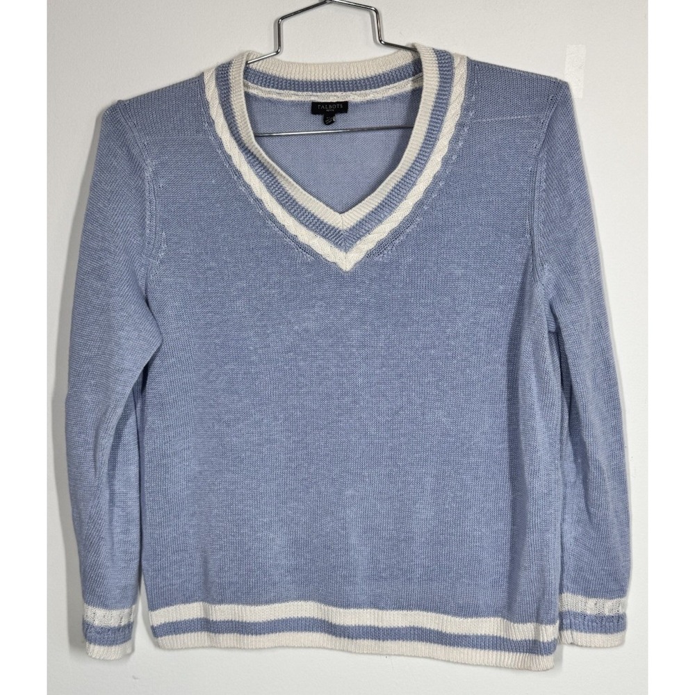 Talbots Lightweight Linen V Neck Sweater Blue Size LP Coastal Preppy Academia